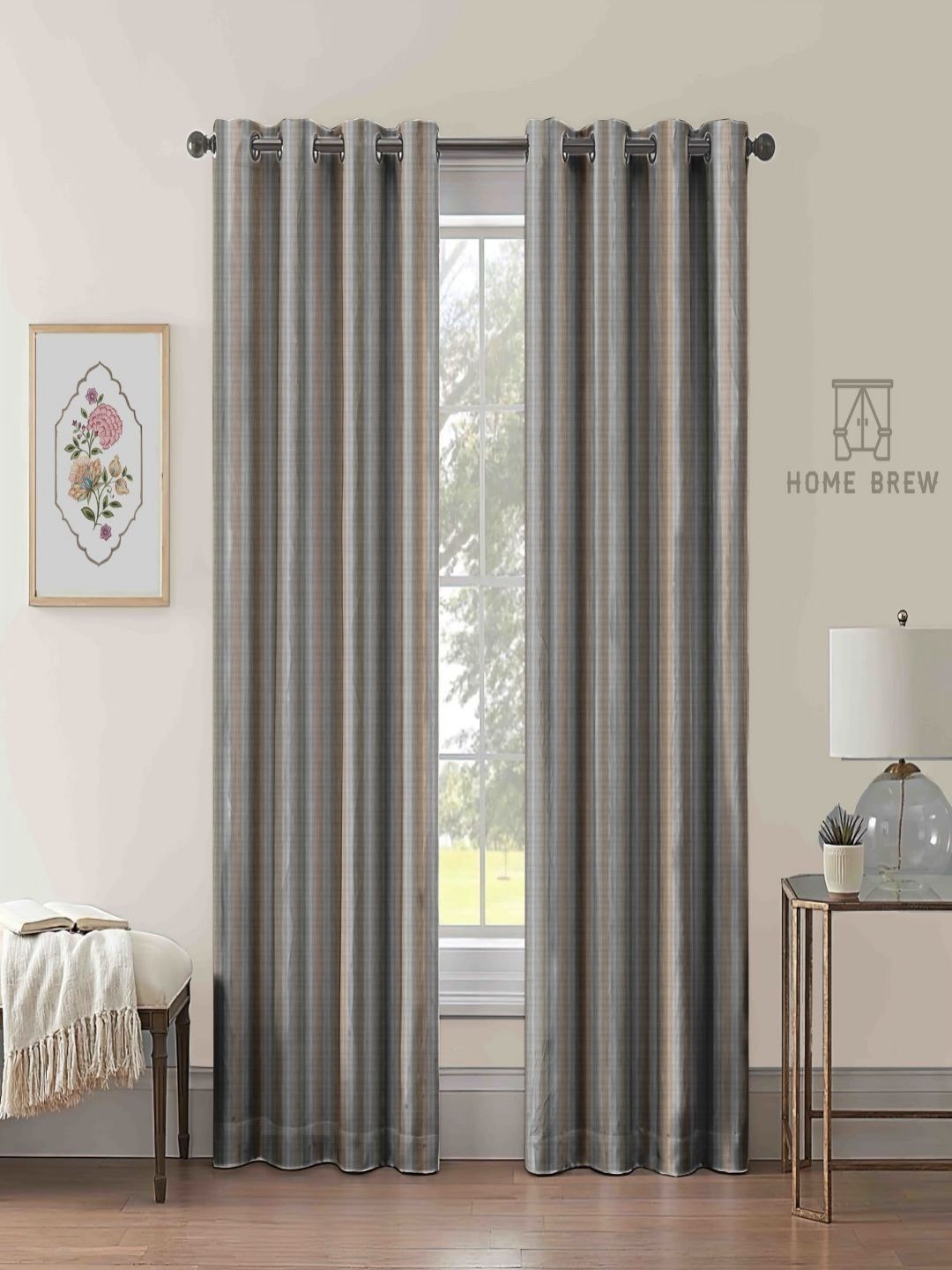 Myntra Elegant Homes Blackout Texture Coffee Brown&Grey 2 pc Room Darkening Curtains (9 FT)
