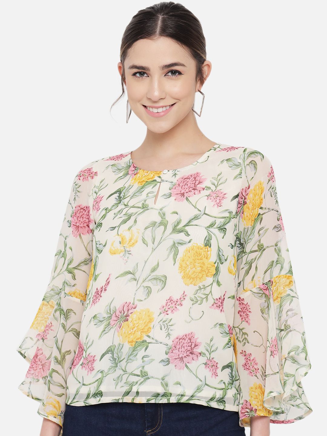 OTIRA Floral Print Keyhole Neck Bell Sleeve Georgette Top
