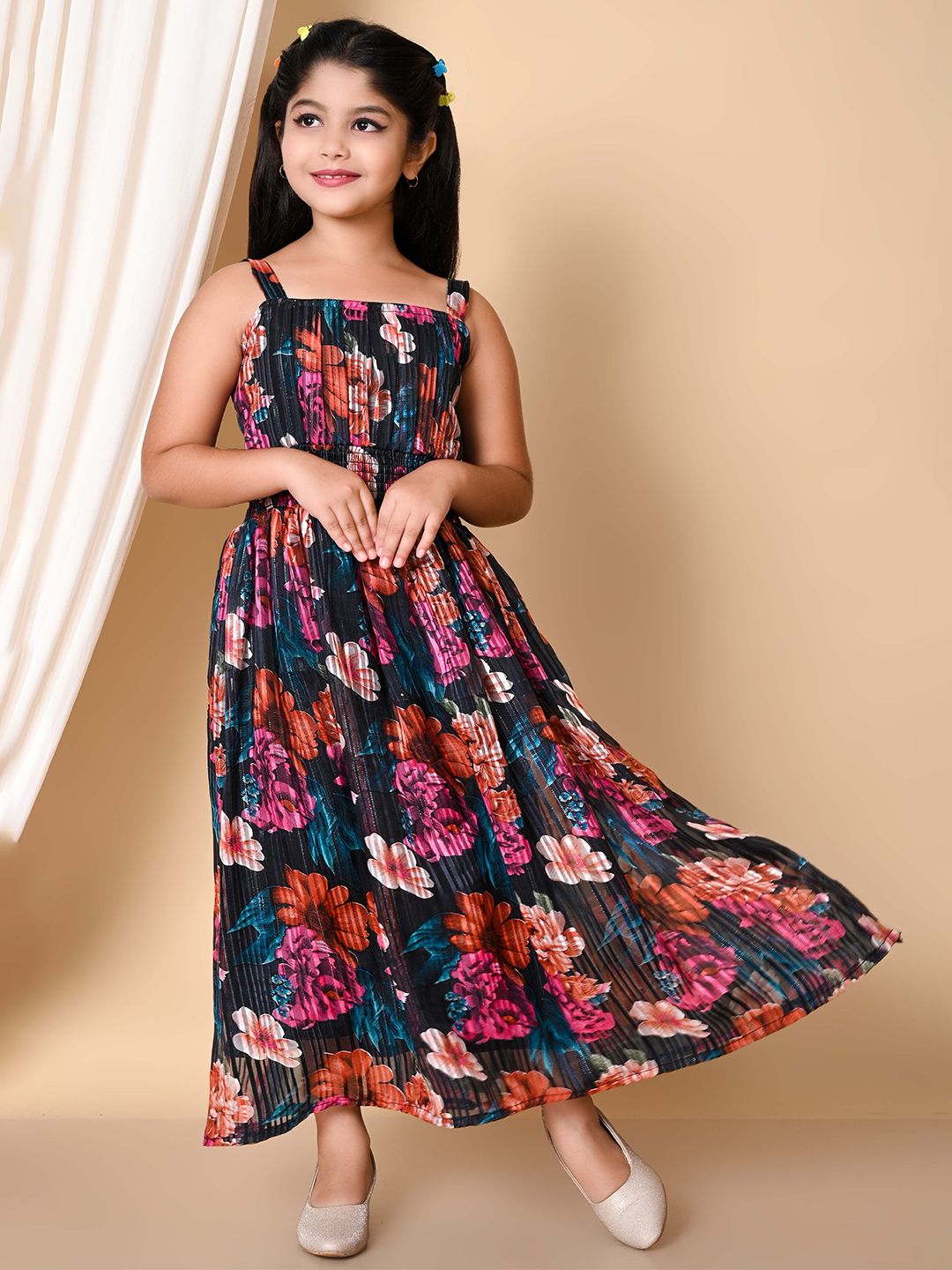 NATIONAL LEBASH Girl Floral Printed Shoulder Straps Smocked Peplum Maxi Dress