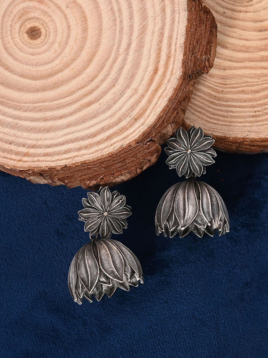Tanusha Jewels Silver-Plated Oxidised Dome Jhumkas