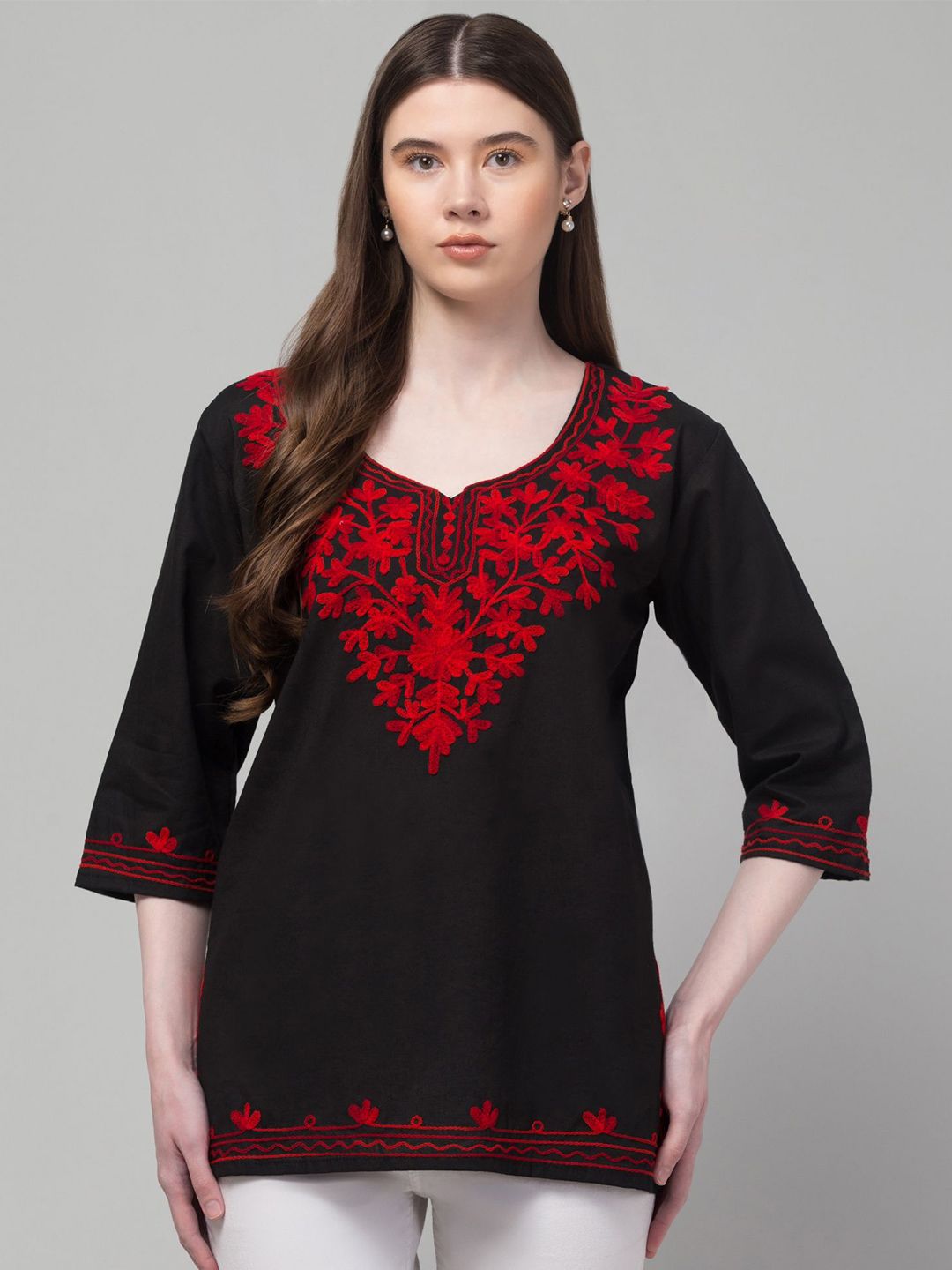 CROWN KING Floral Embroidered Pure Cotton Kurti