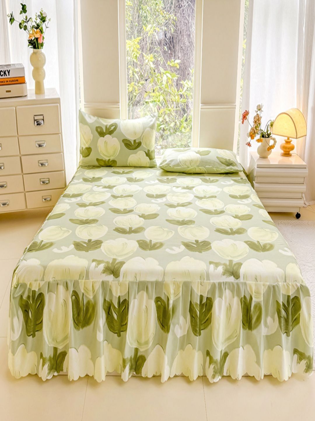 JC HOME Green Floral Polycotton 140 TC Fitted Super King Bedsheet with 2 Pillow Covers-79 x 91 inches