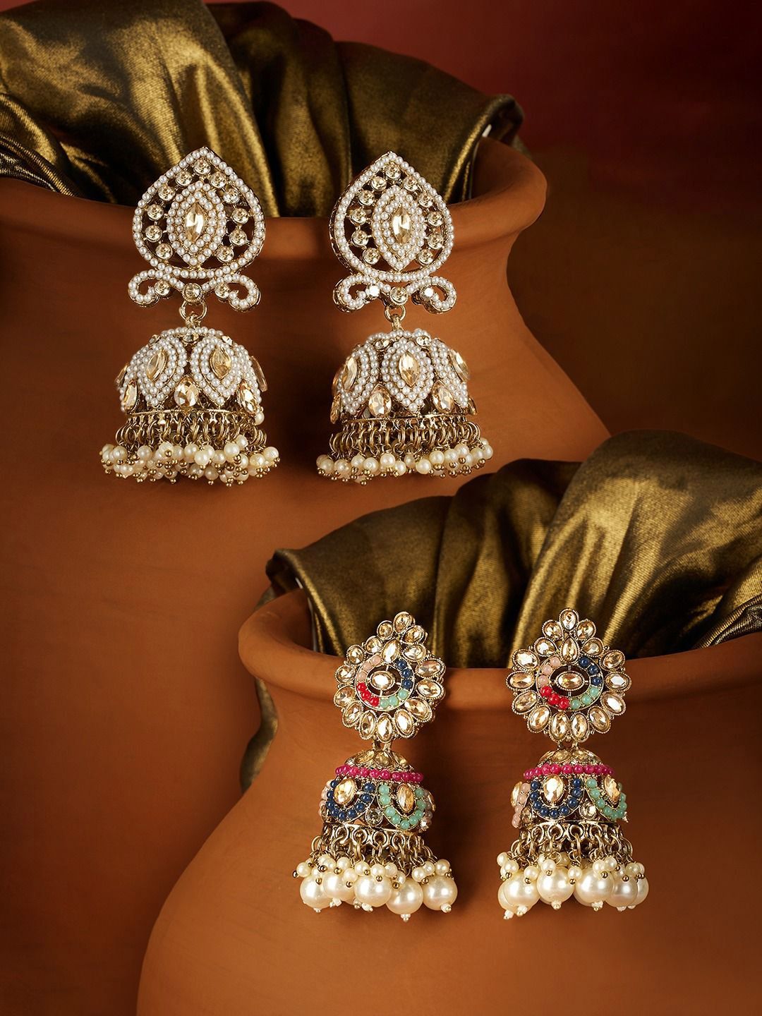 Buy Zaveri Pearls Set Of 2 Gold Plated Stones Studded & Beaded Dome Shaped Jhumkas -  - Accessories for Women