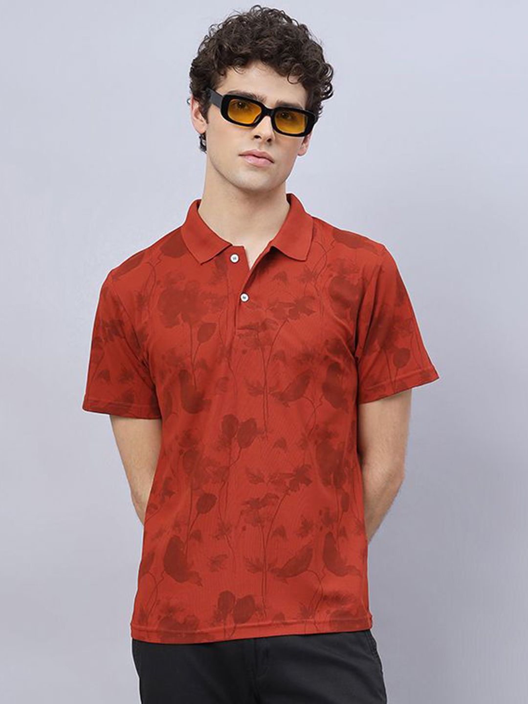 RELANE Men Floral Printed Polo Collar Cotton T-shirt