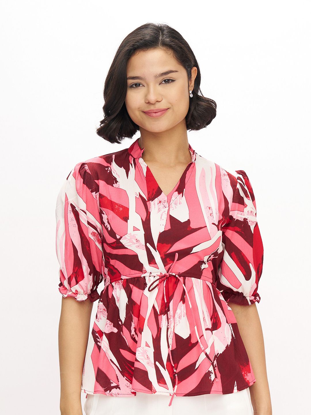 AASK Women Printed Maroon Color Regular Crepe Collar Puff Sleeve Top