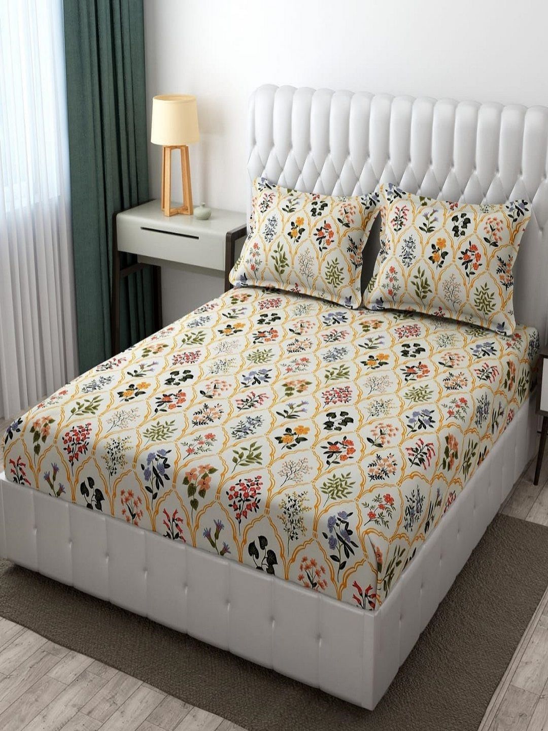 Buy Aura Boota Cream Floral Microfiber 144 TC Fitted Queen Fine Bedsheet With 2 Pillow Covers 152 X 199 Cm -  - Home for Unisex