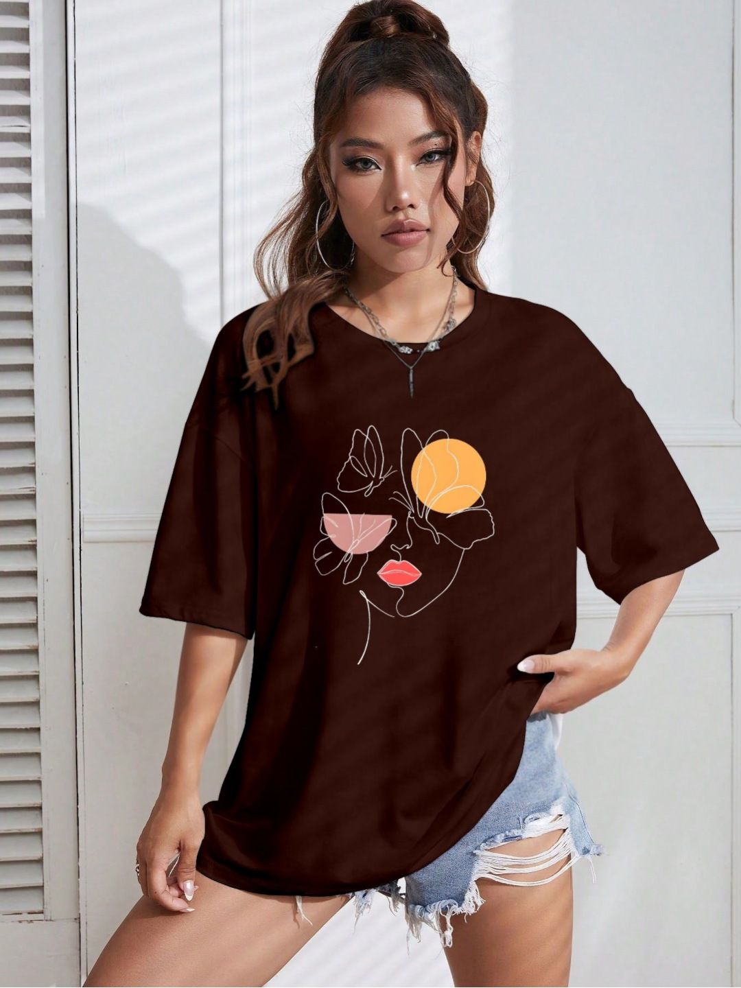 AAHWAN Women Graphic Printed Drop-Shoulder Sleeves Oversized T-shirt