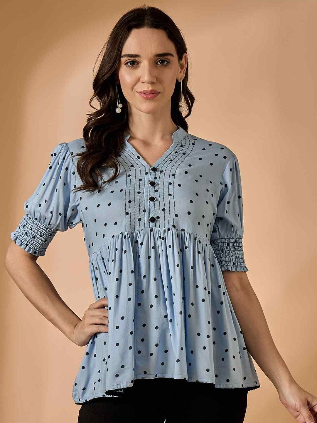 Azira Viscose Rayon Polka Dot Mandarin Collar Peplum Top