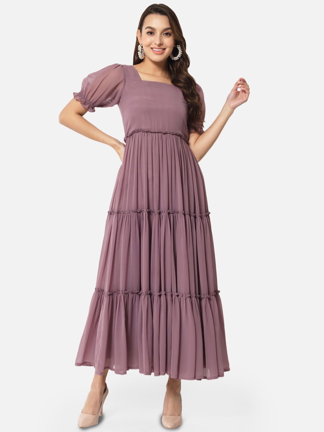 OTIRA Women Puff Sleeve Georgette Maxi Dress
