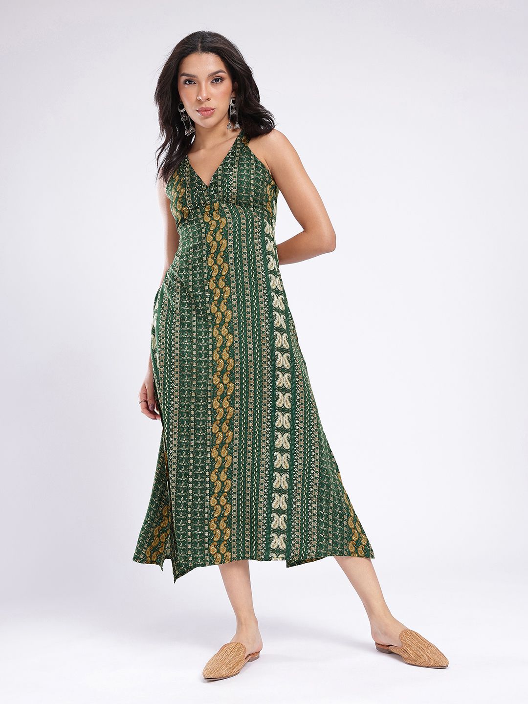 Paisley Printed Plunge V-Neck Empire Slit Midi Dress 3