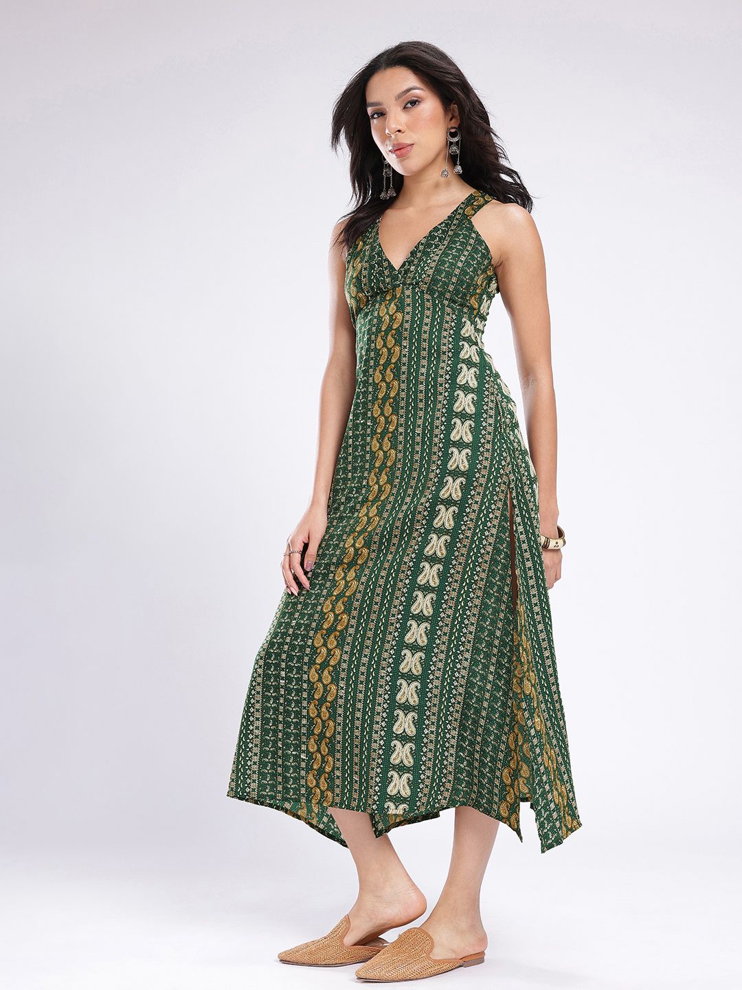 Paisley Printed Plunge V-Neck Empire Slit Midi Dress 4