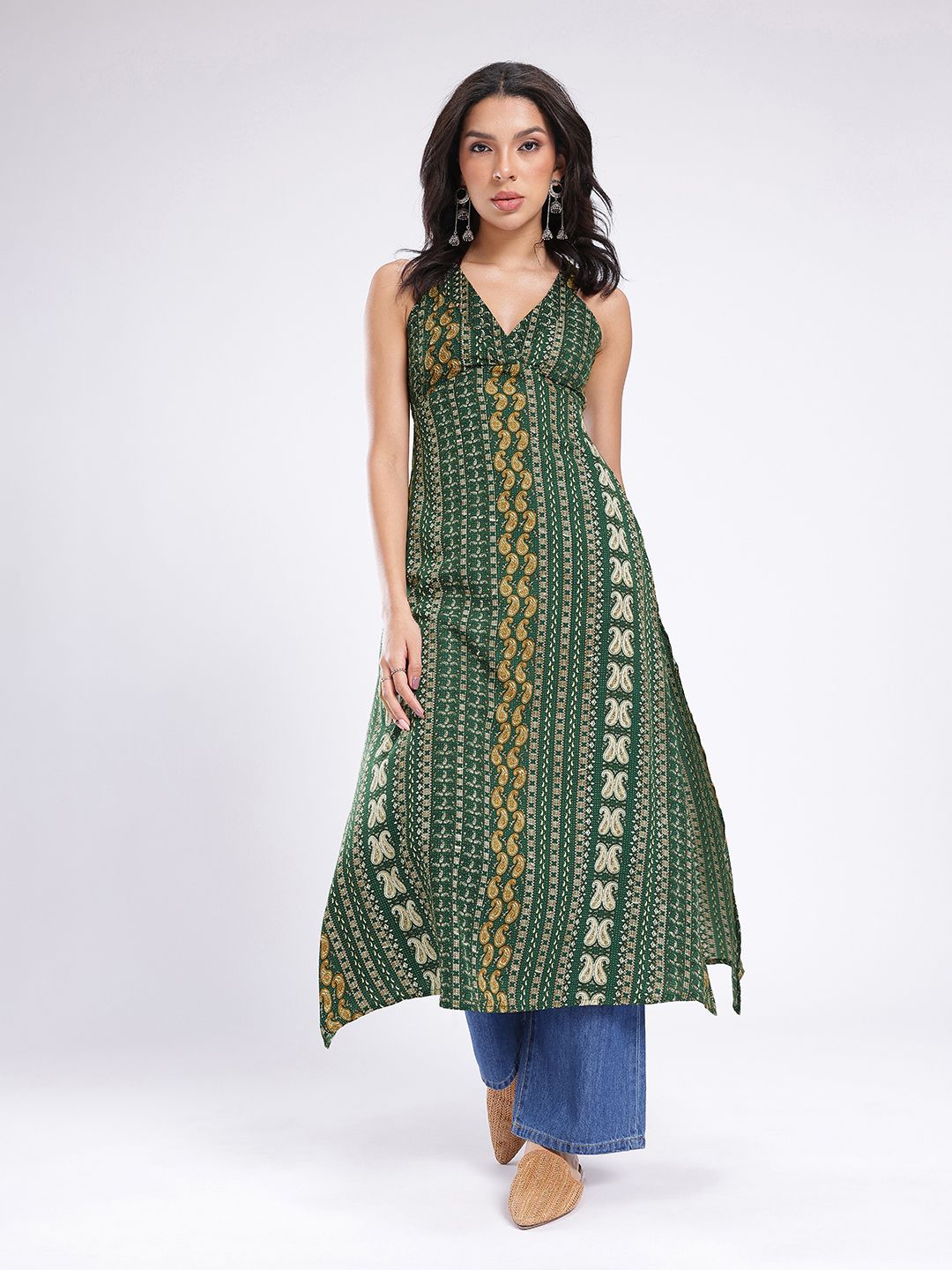 Paisley Printed Plunge V-Neck Empire Slit Midi Dress 2