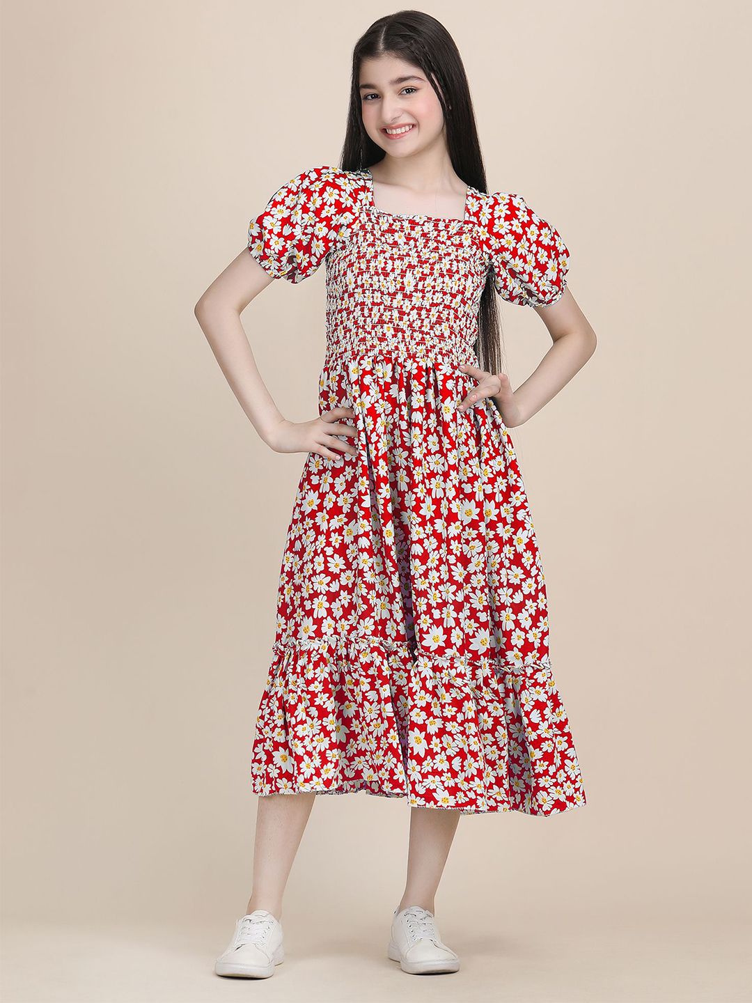 PaheliRani Girls Floral Printed Fit & Flare Midi Dress