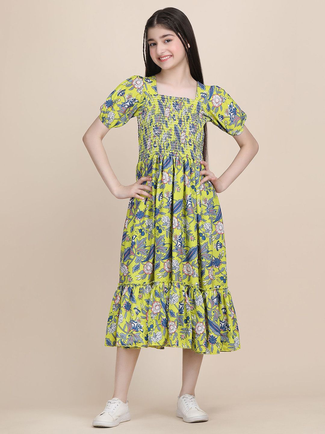 PaheliRani Girls Floral Printed Puff Sleeve Fit & Flare Midi Dress