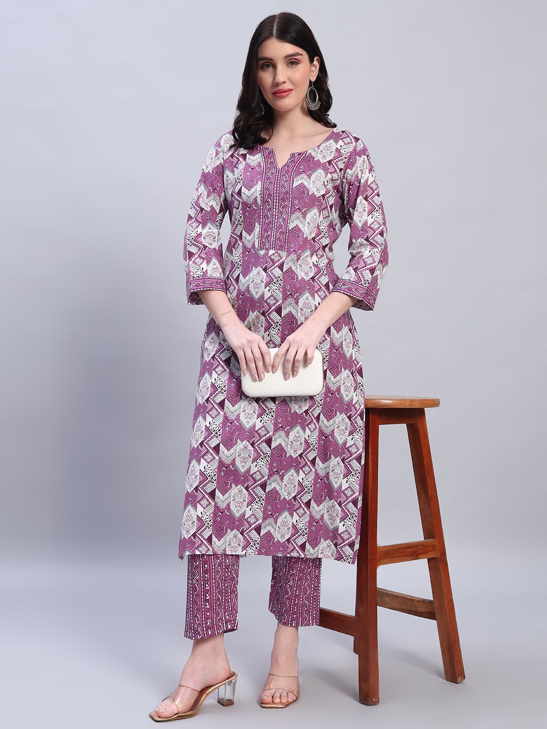 GREYSHADE Geometric Printed Notch Neck Straight Kurta
