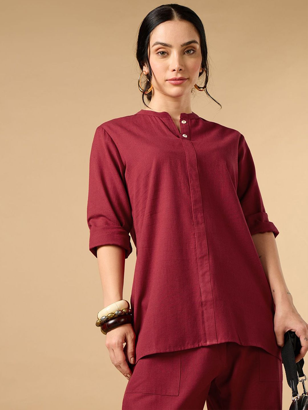 COTTONS DAILY Women Maroon Solid Mandarin Collar Cotton Linen Kurta