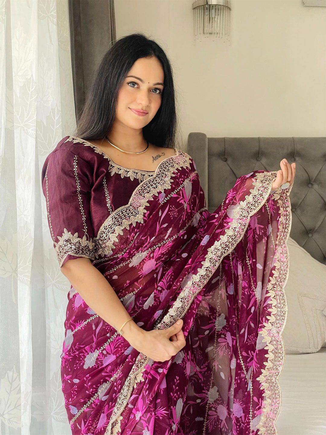 HERE&NOW Floral Embroidered Saree