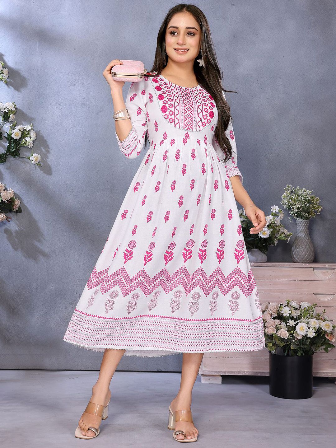 Rangita Embroidered Flared Midi Ethnic Dress