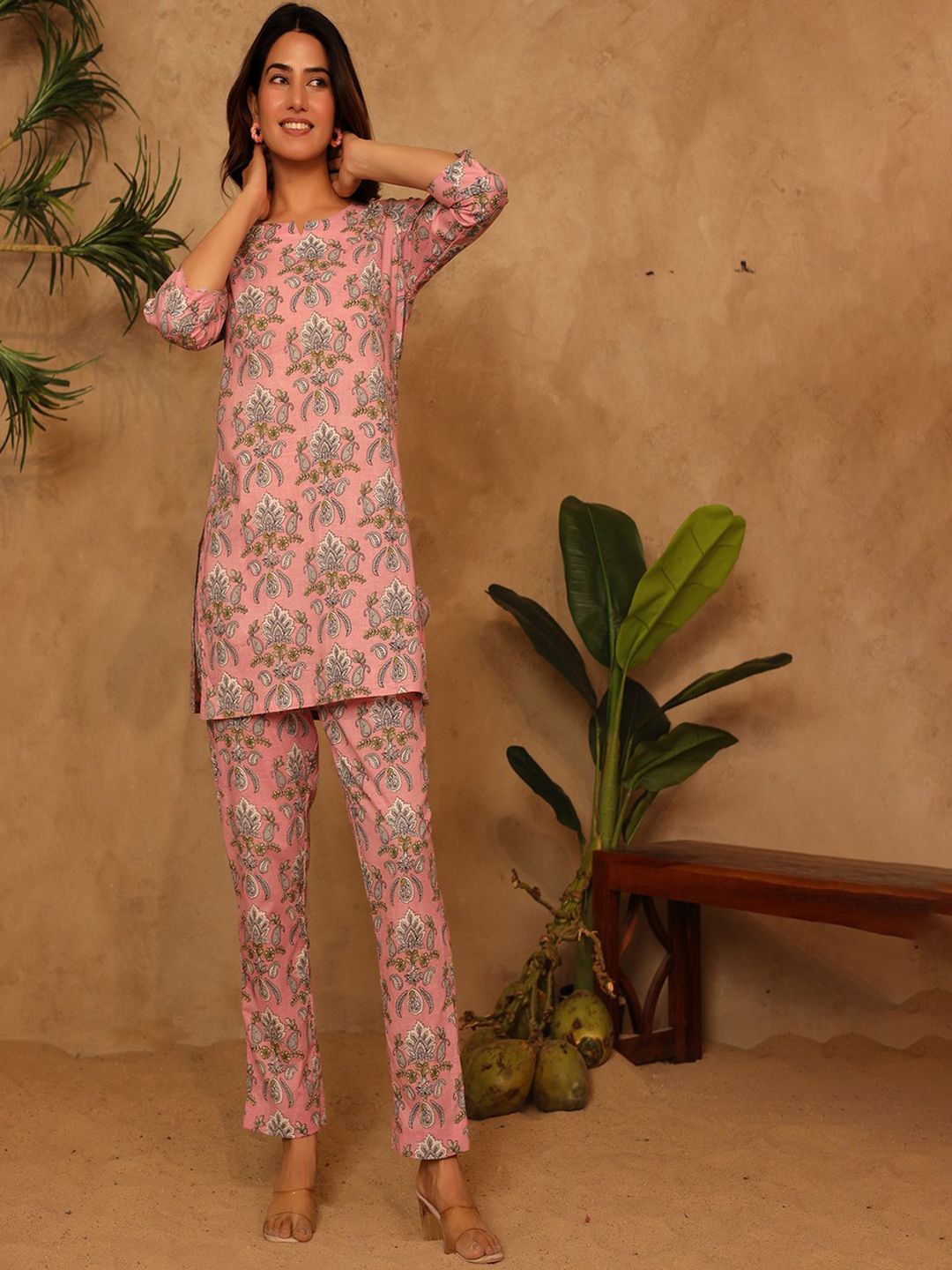 Kwatchi Printed Cotton V-Neck Tunic With Trousers Co-Ords