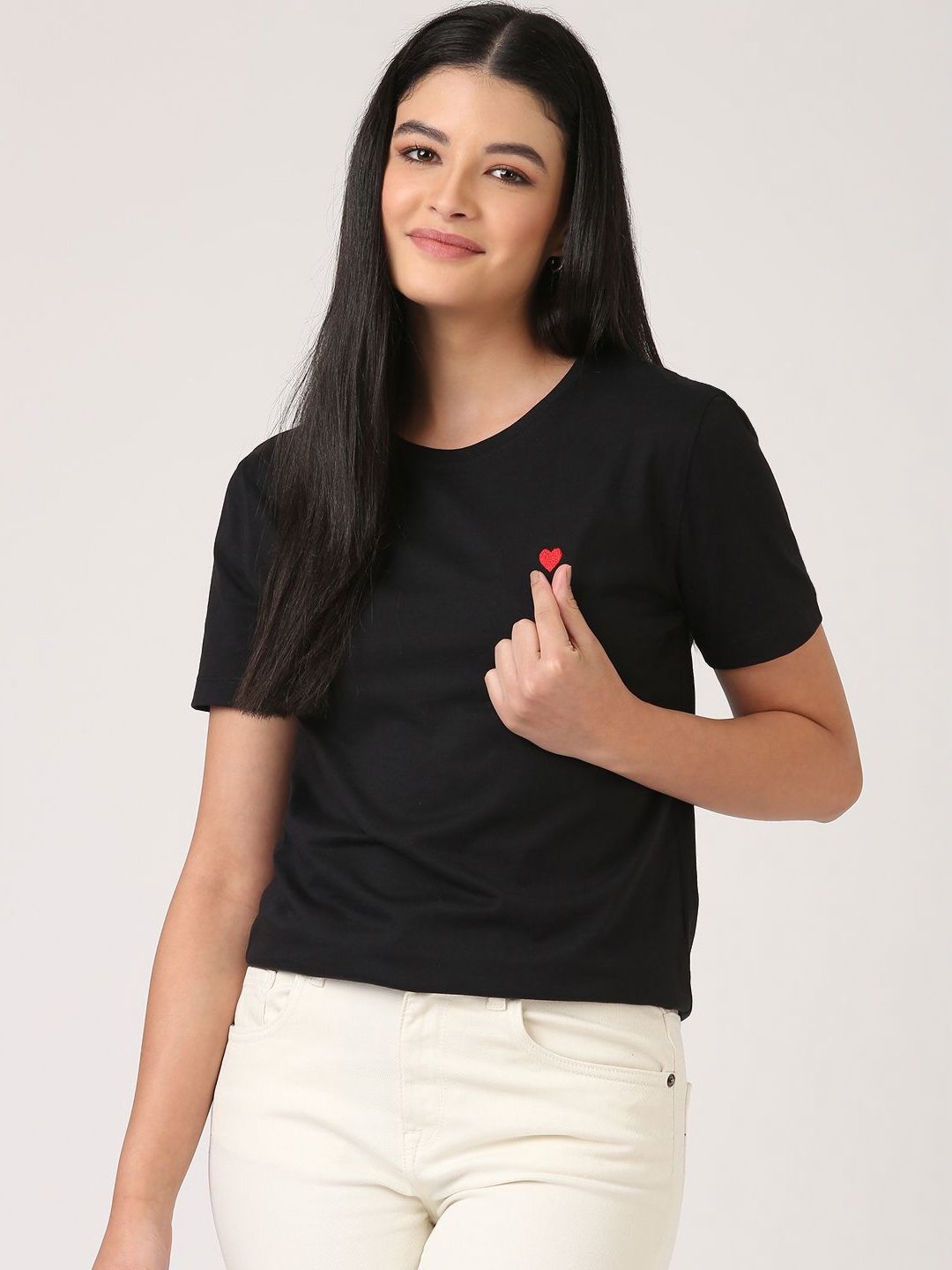 Jolene.club Cotton Black T-Shirt with Heart Embroidery