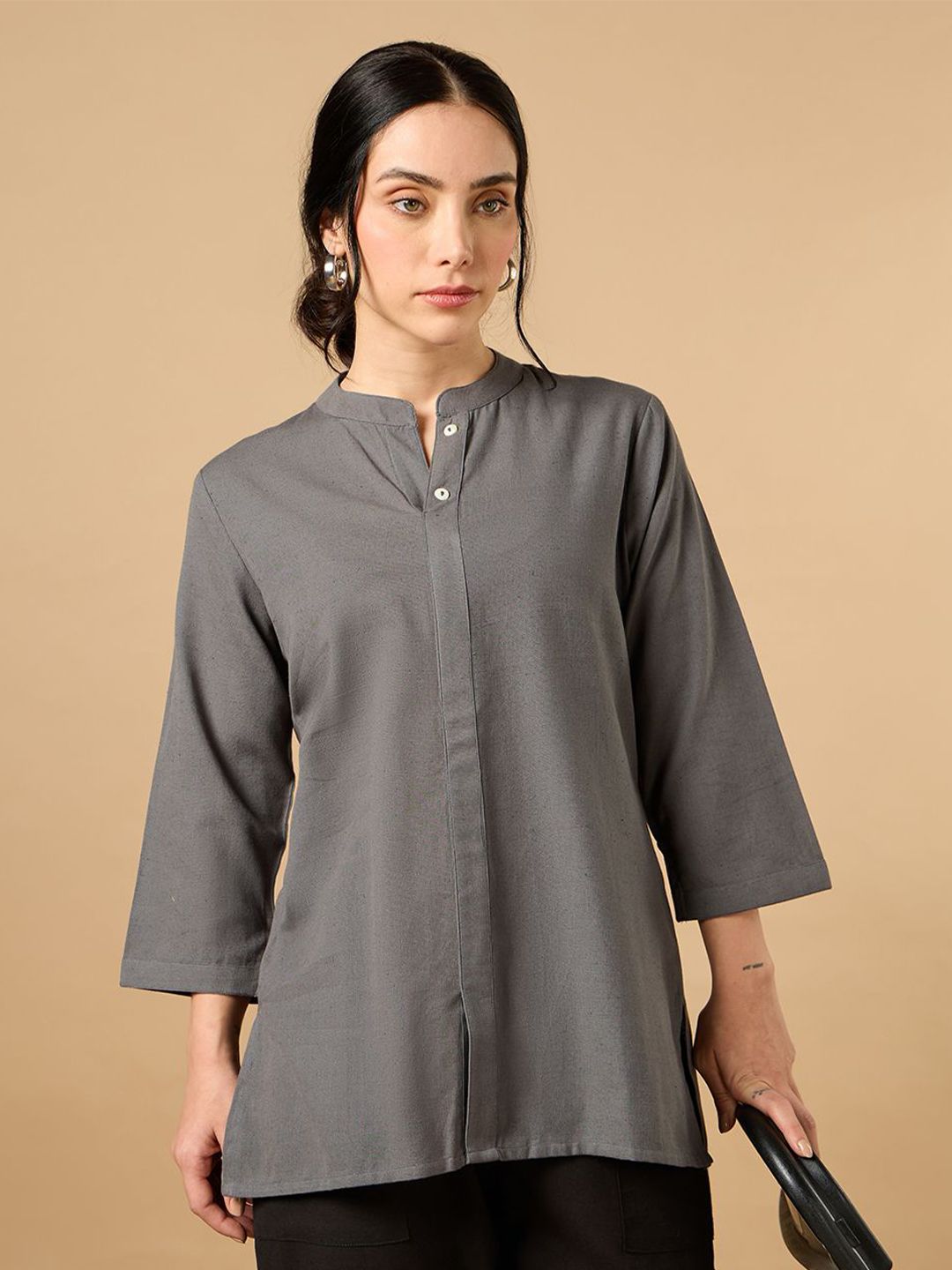 COTTONS DAILY Women Grey Solid Mandarin Collar Cotton Linen Kurta