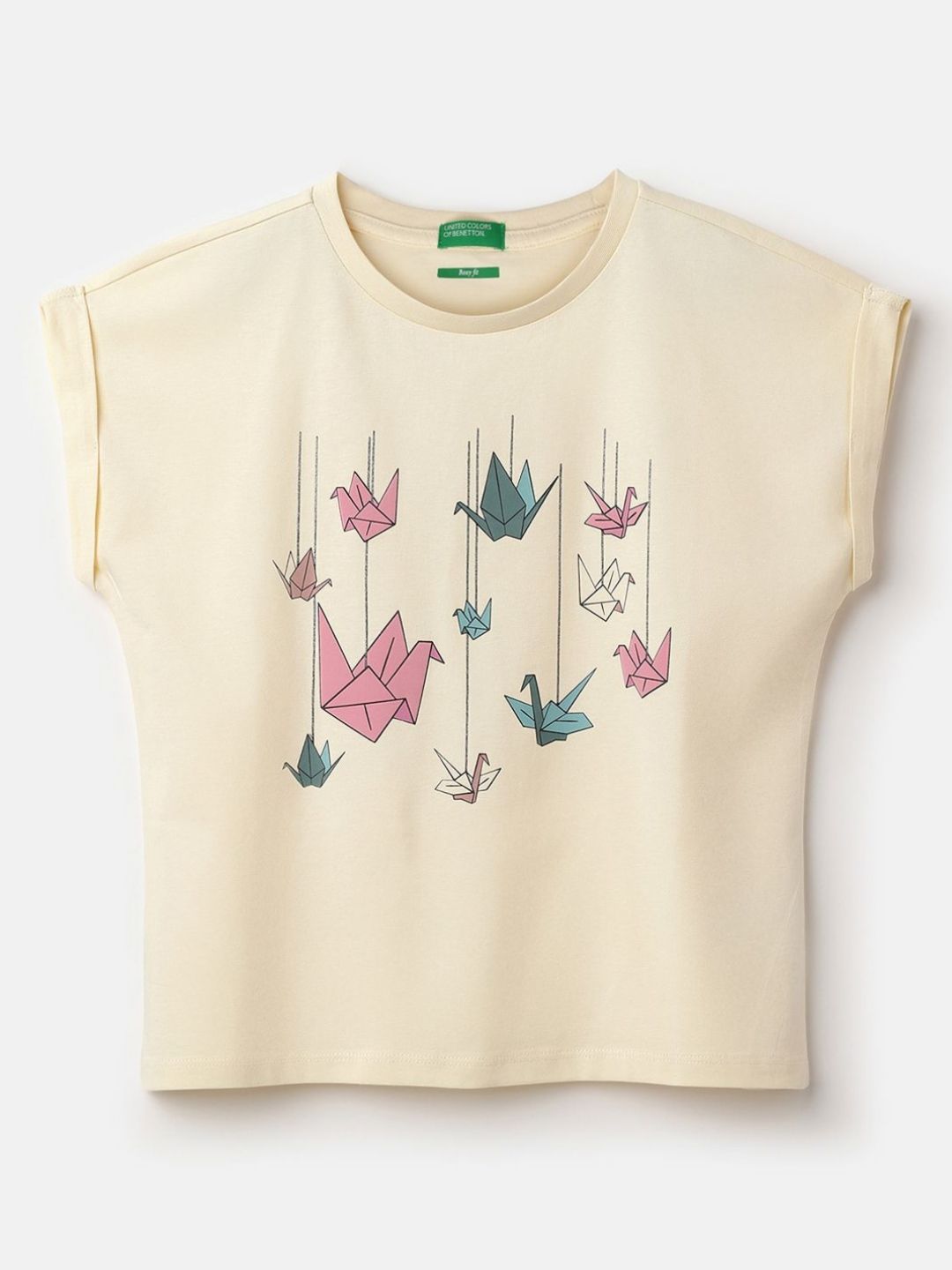 United Colors of Benetton Girls Printed Extended Sleeves Pure Cotton Boxy T-shirt