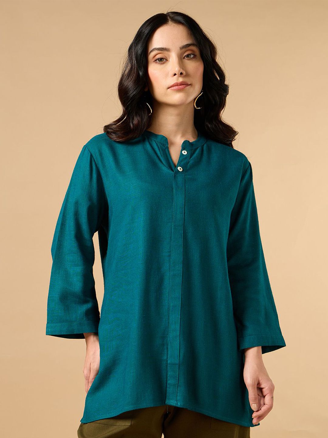 COTTONS DAILY Women Green Solid Mandarin Collar Cotton Linen Kurta