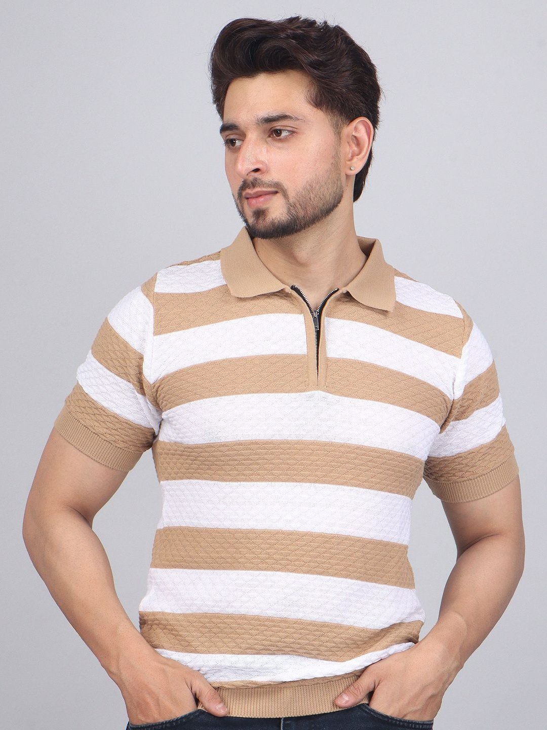 FEVERFEW Striped Polo Collar Cotton Regular Fit T-shirt