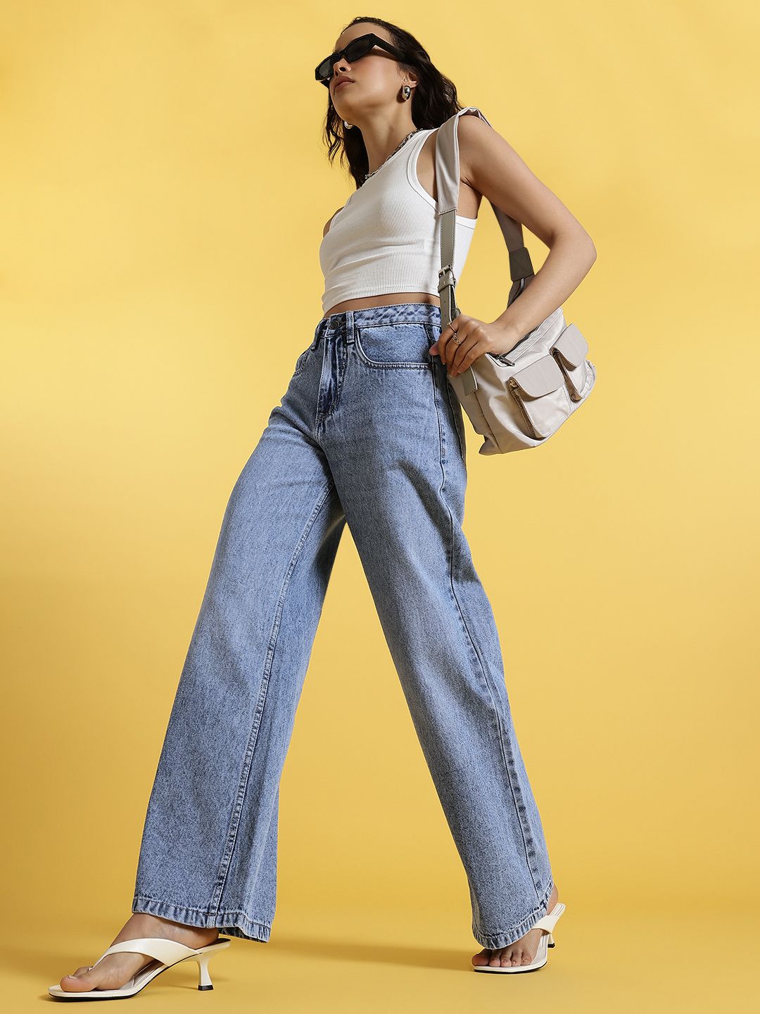 Women Retro Wide Leg Faded Jeans 7