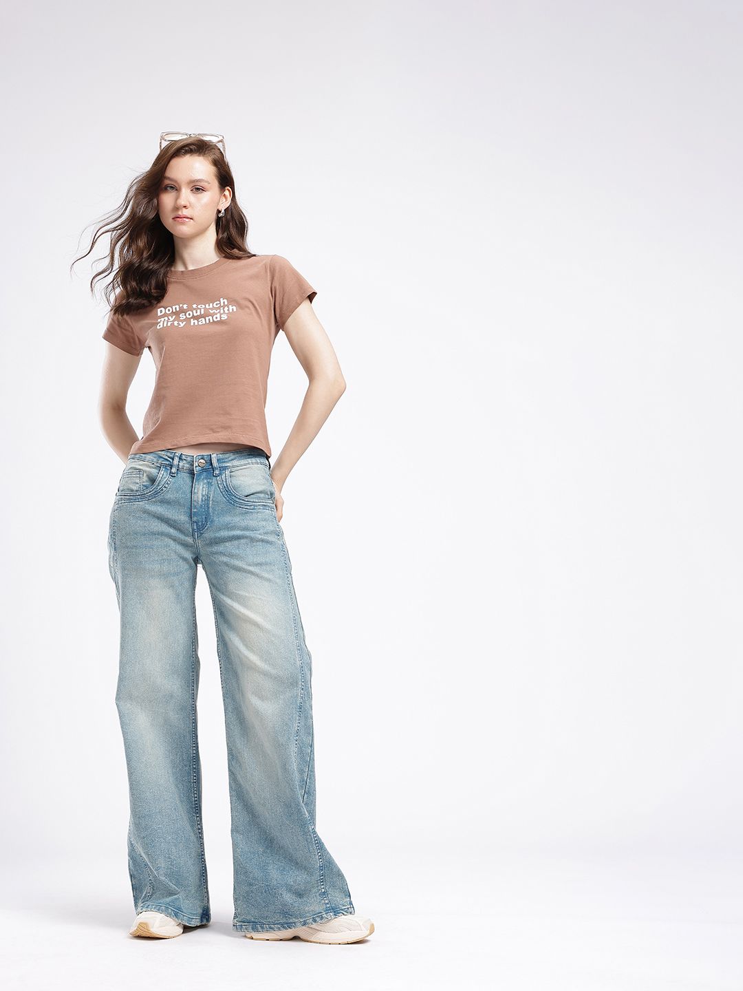 Women Wide Leg Light Faded Stretchable Jeans 8