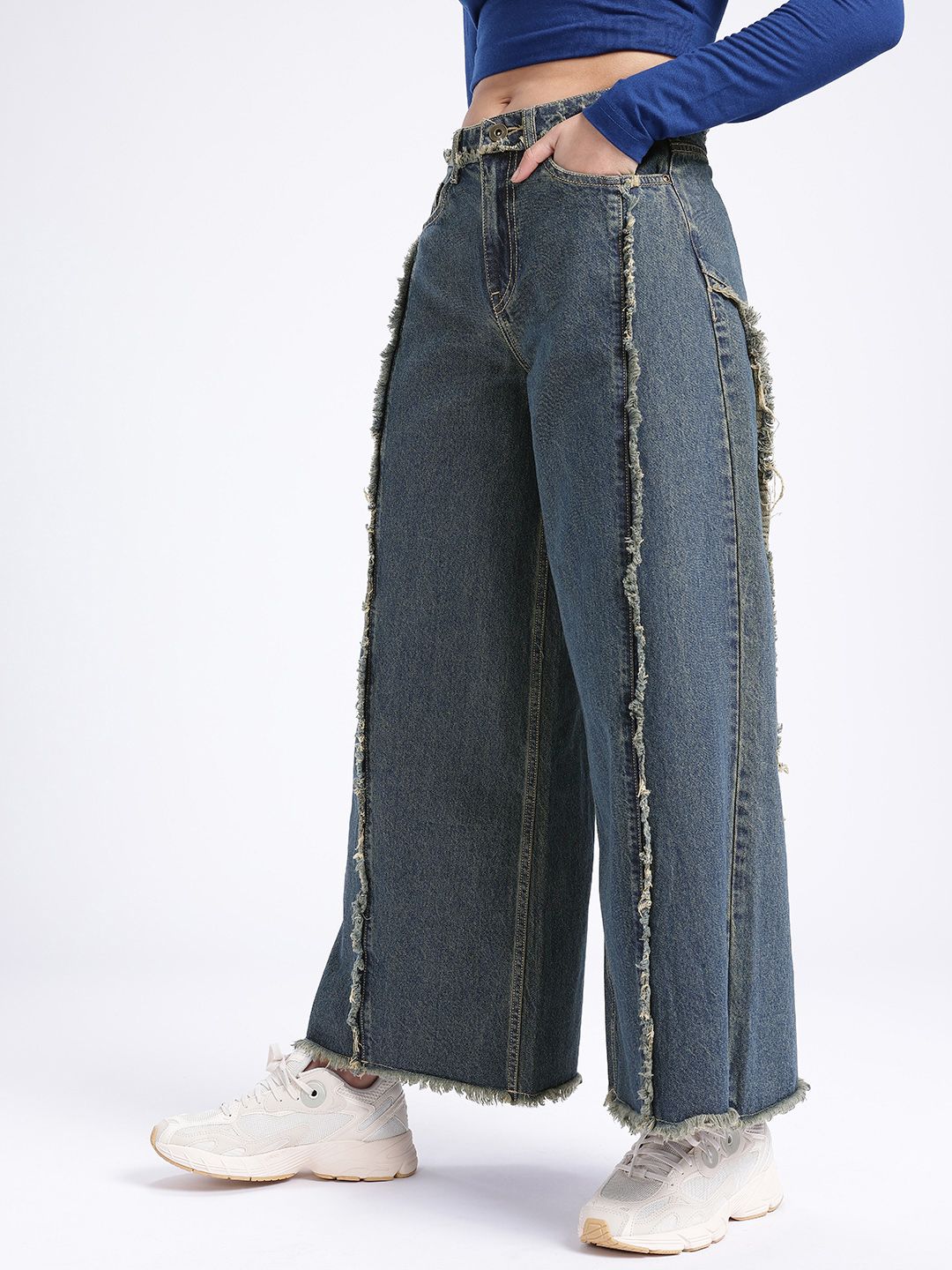 Women Palazzo Fit High-Rise Frayed Jeans 4