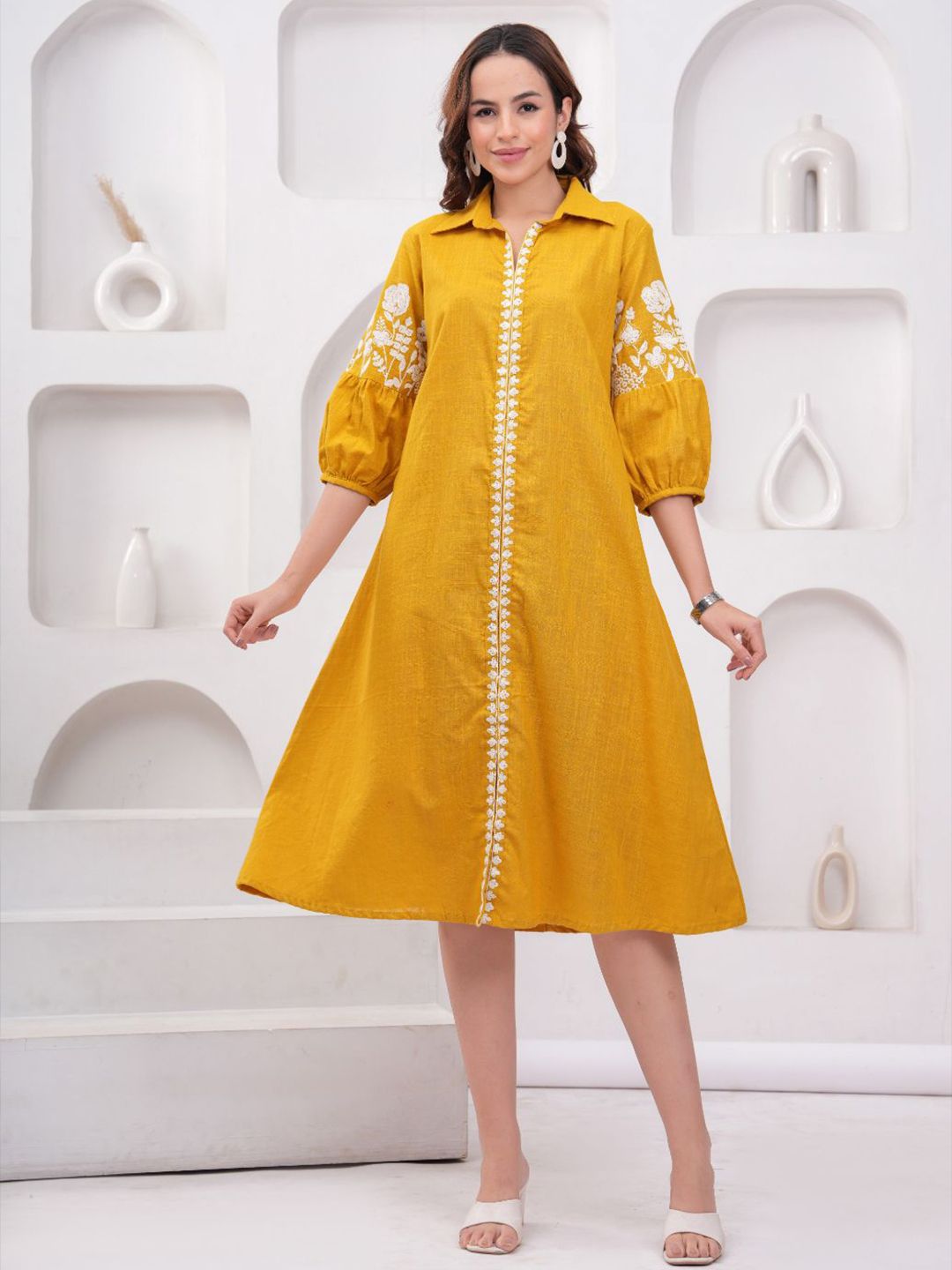 OH MI DIOS Women floral embroidered Shirt Collar Fit & Flare Midi Dress