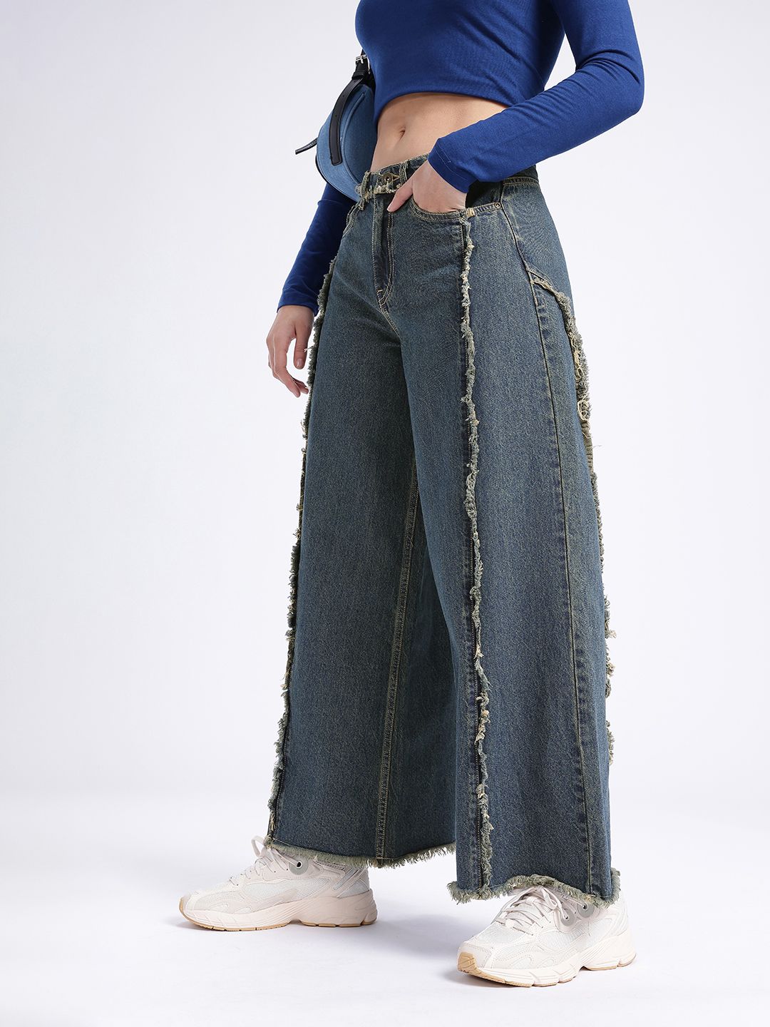 Women Palazzo Fit High-Rise Frayed Jeans