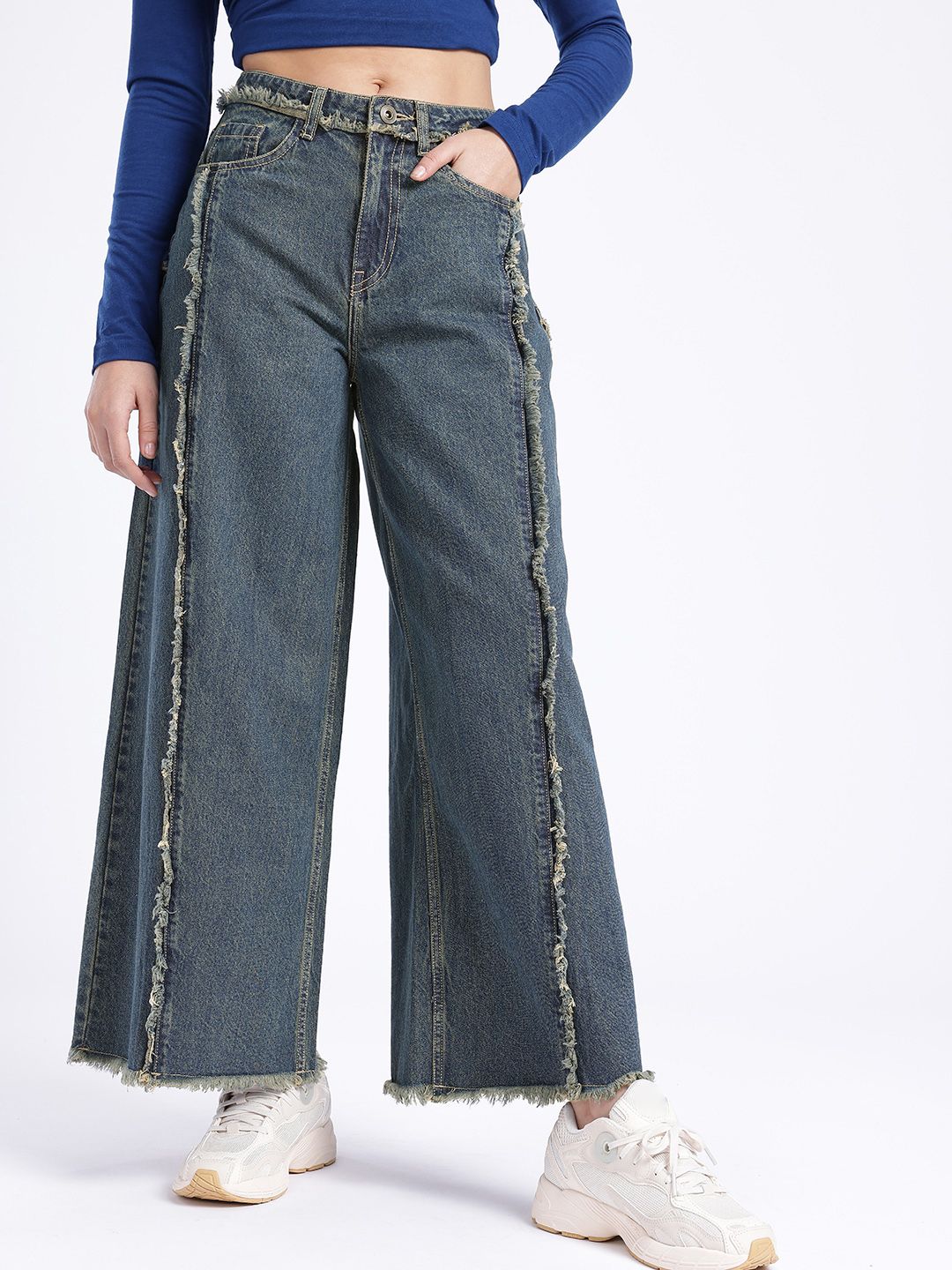 Women Palazzo Fit High-Rise Frayed Jeans 3