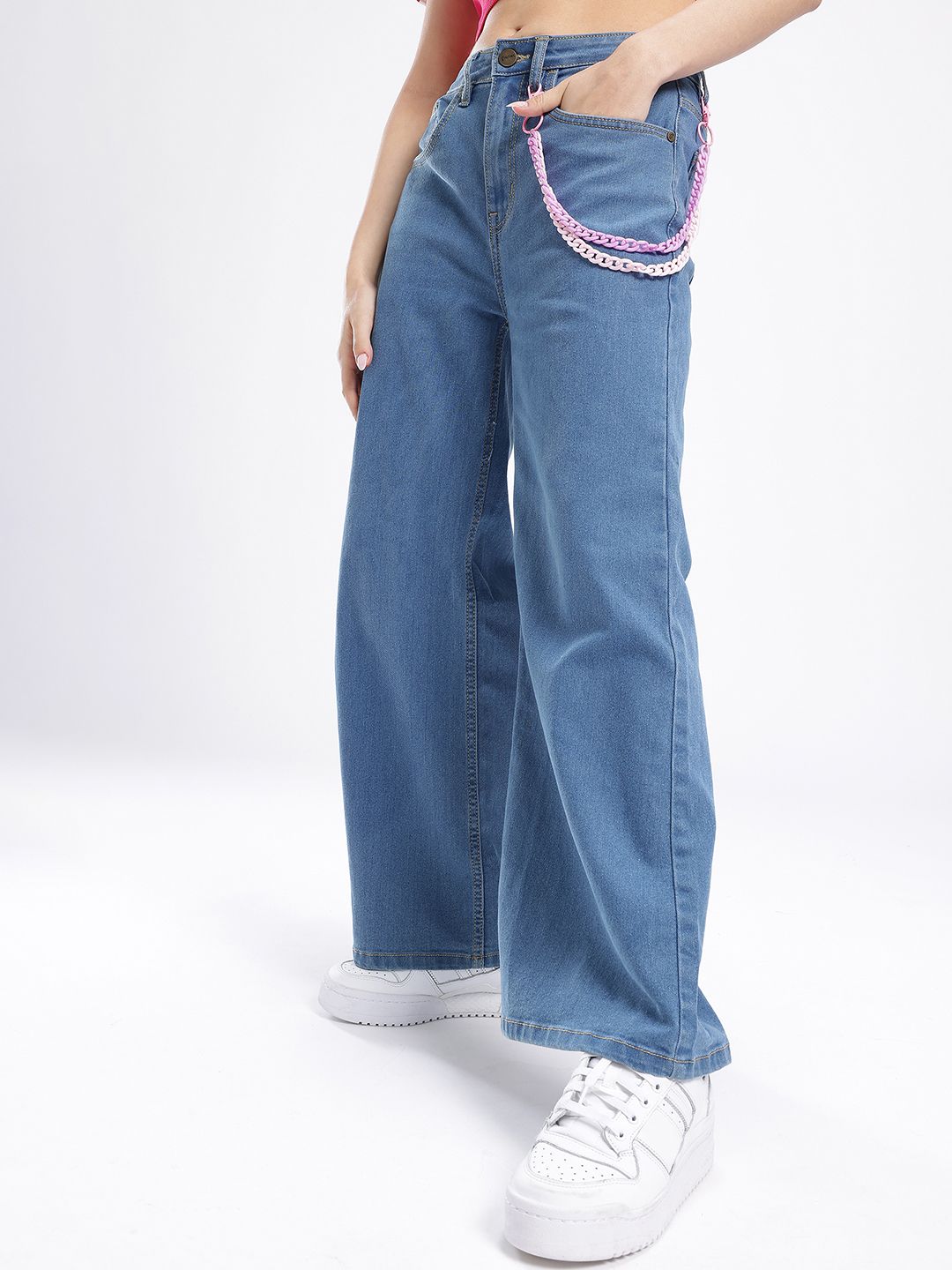 glitchez Women Wide Leg Stretchable Jeans with Chain