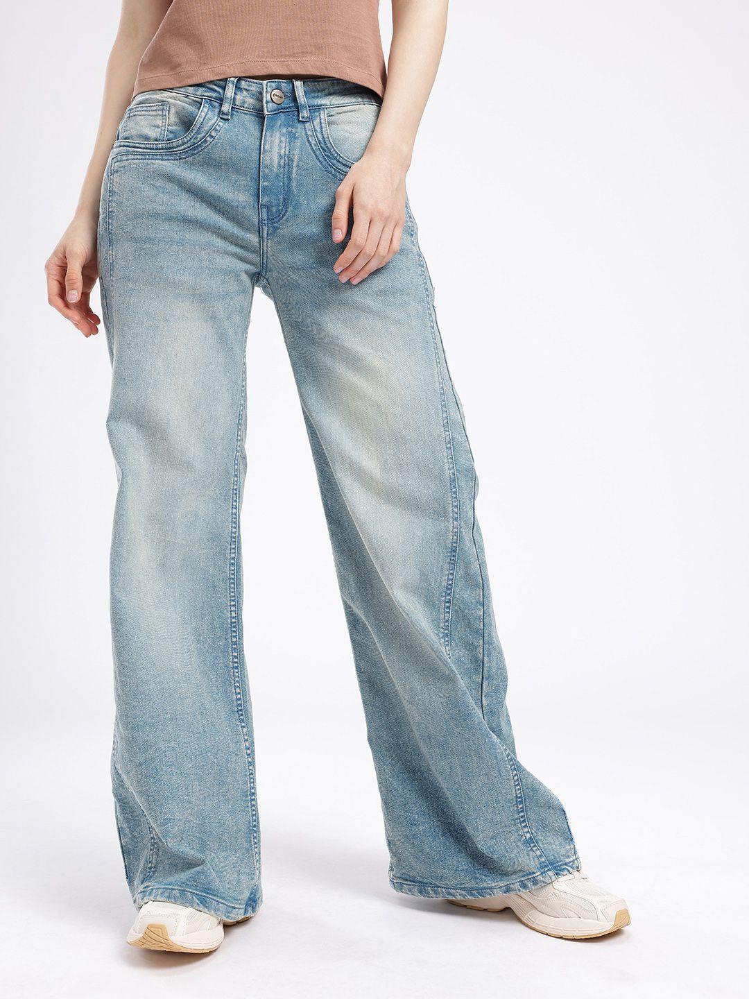 Women Wide Leg Light Faded Stretchable Jeans 4