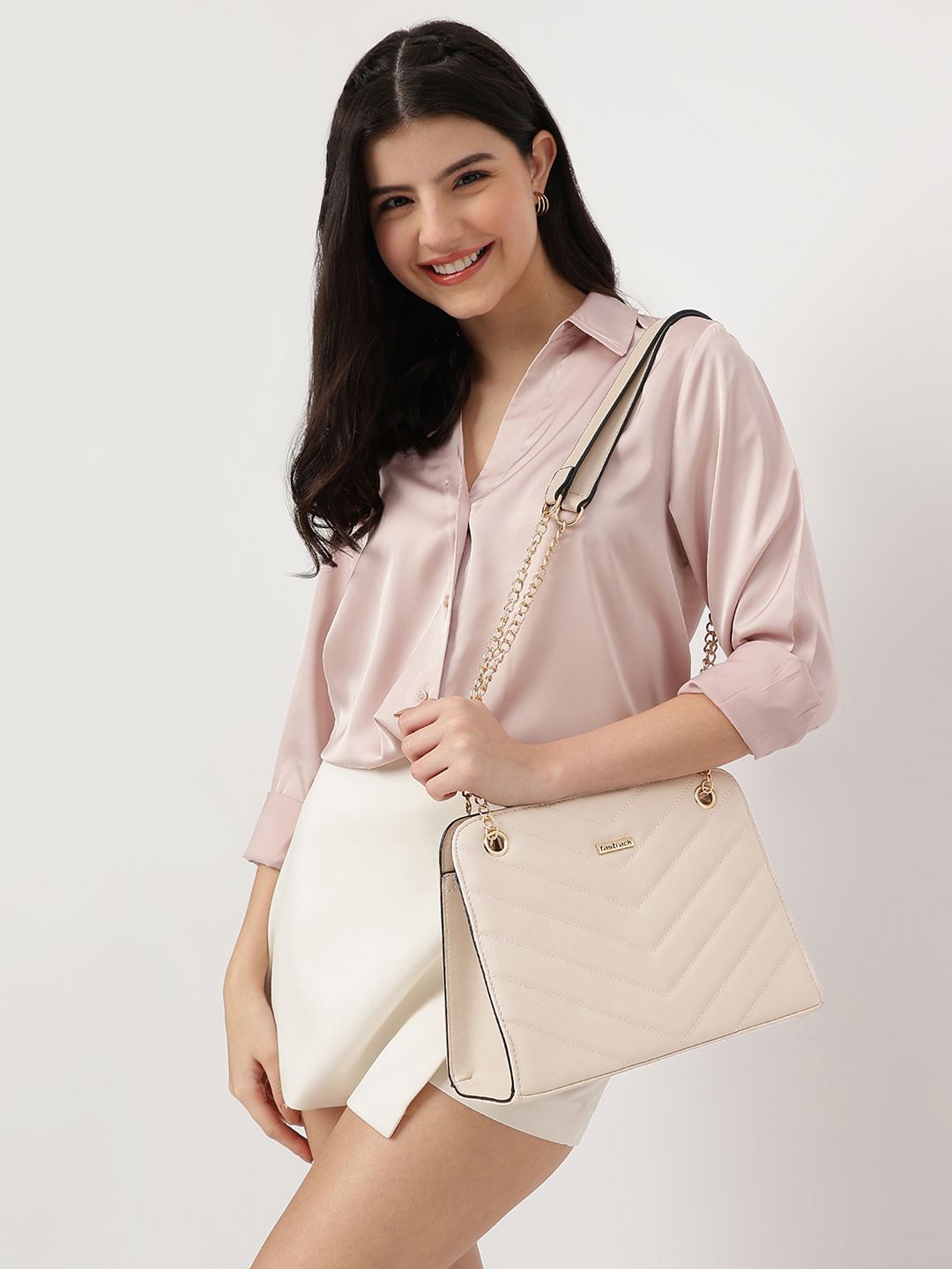 Fastrack Women Solid Shoulder Bag with Dual Gold Chain Straps and Zipper Compartment