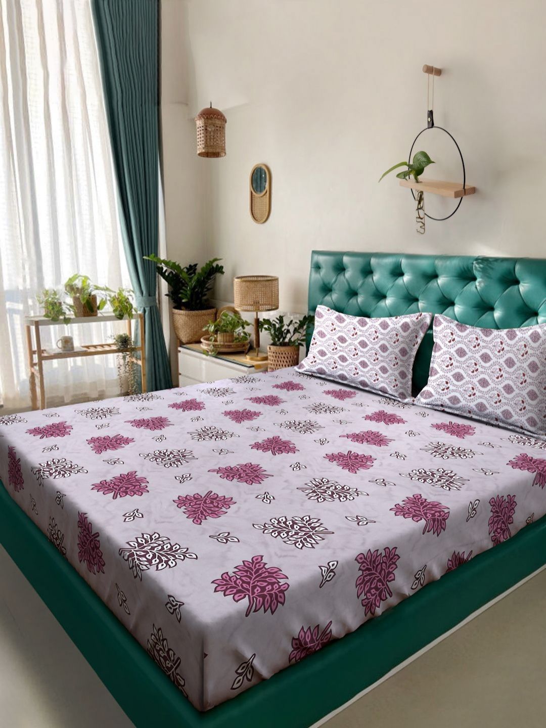 KLOTTHE Purple Leaf Cotton 400 TC King Fine Bedsheet with 2 Pillow Covers-98 x 89 inches