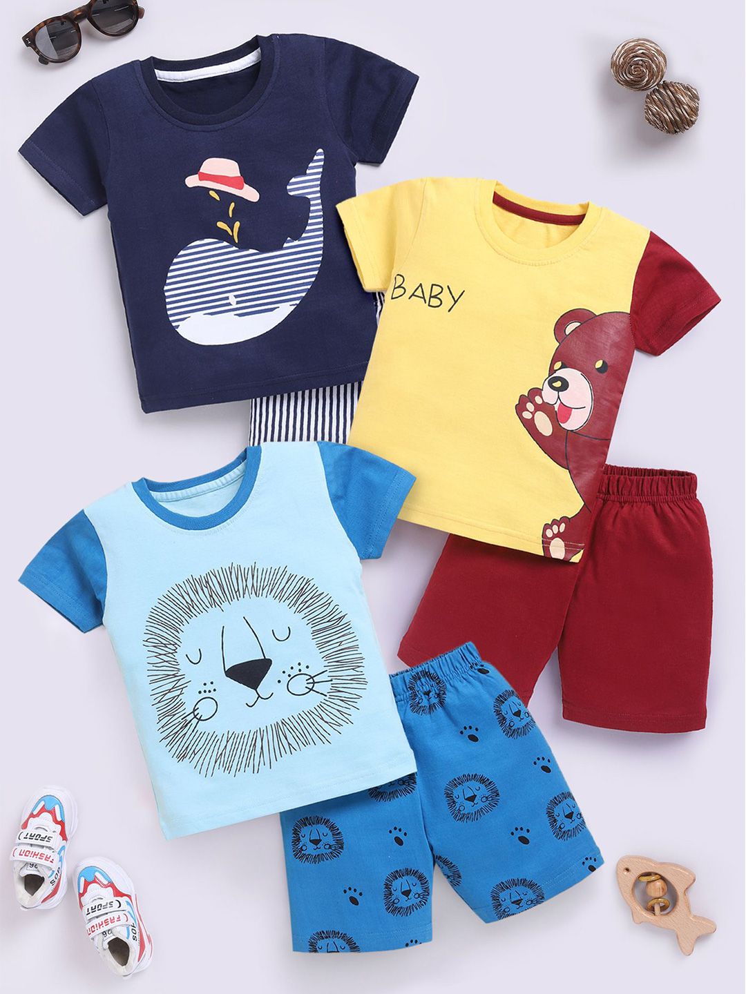 Buy Toonyport Boys Pack Of 3 Graphic Printed Pure Cotton T Shirt With Shorts Clothing Set -  - Apparel for Boys