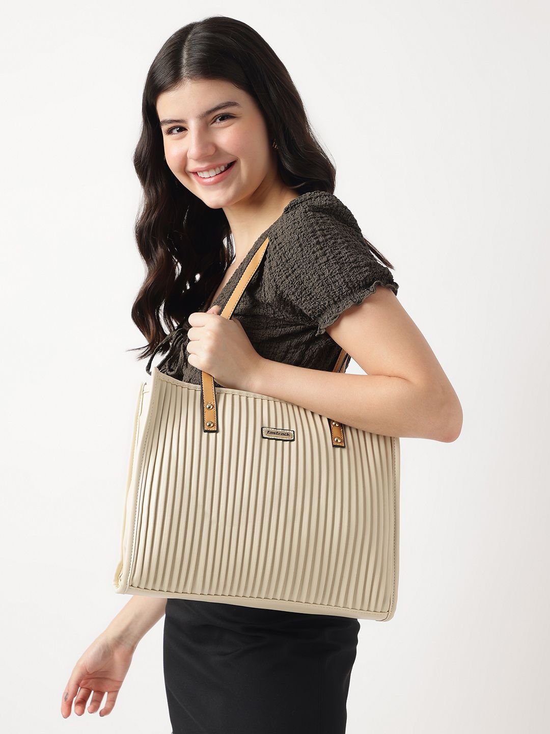 Fastrack Women Self Striped Large Tote Bag with Multiple Pockets Fits Upto 13" Laptop