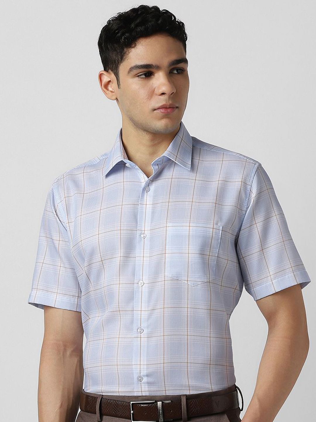 Van Heusen Checked Spread Collar Short Sleeves Pure Cotton Formal Shirt