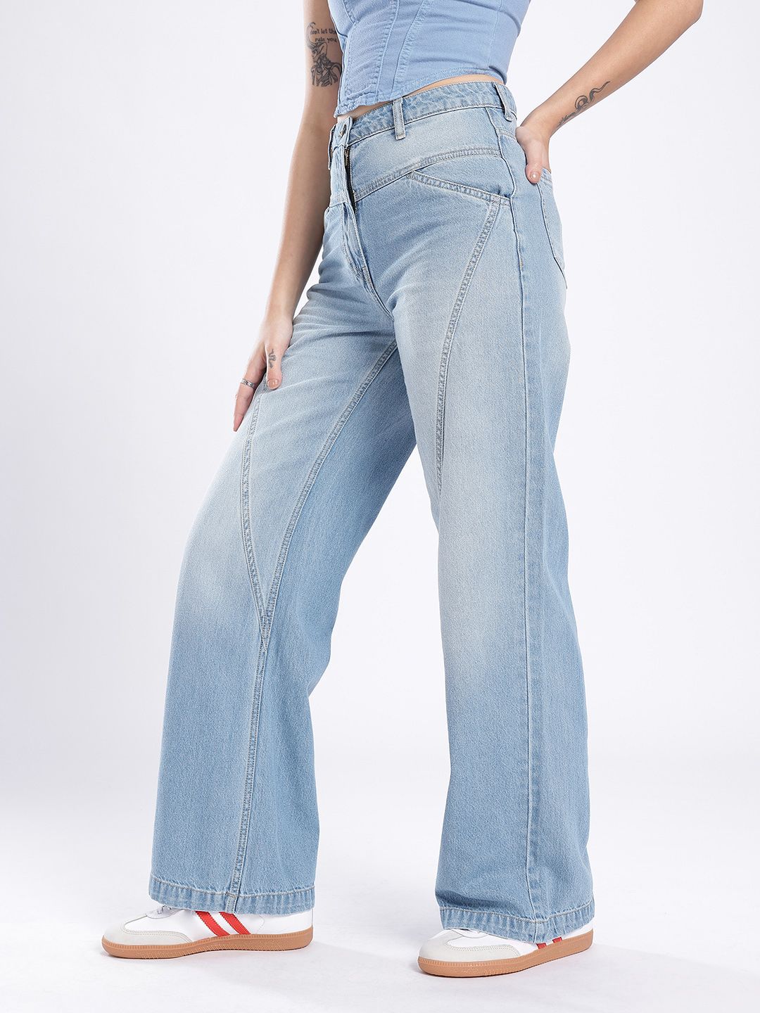 Women Paneling Wide Leg High-Rise Light Fade Jeans 2