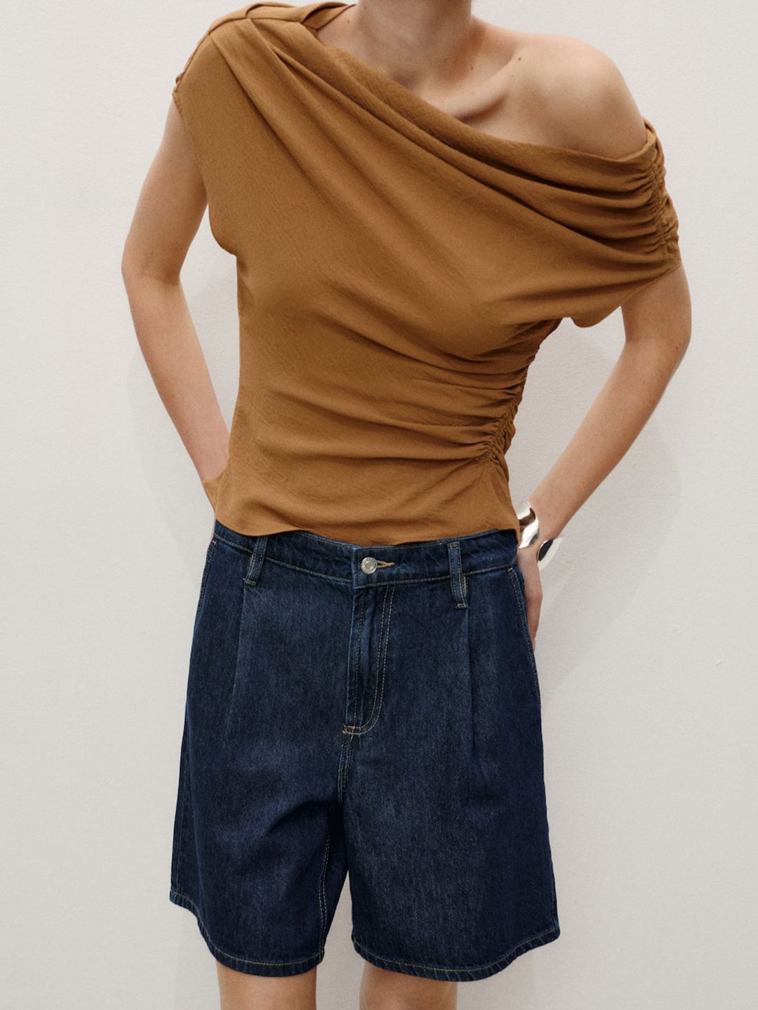 MANGO Women Pleated Mid-Rise Pure Cotton Relaxed Fit Denim Bermuda Shorts