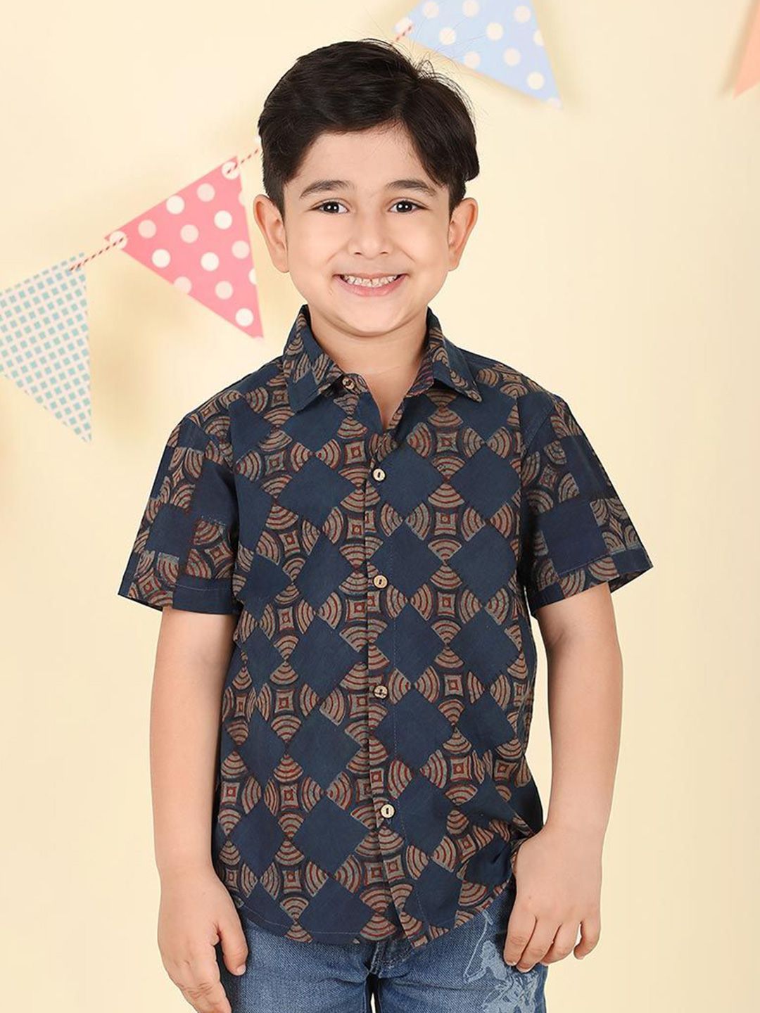 Fabindia Boys Ethnic Motifs Printed Spread Collar Cotton Casual Shirt