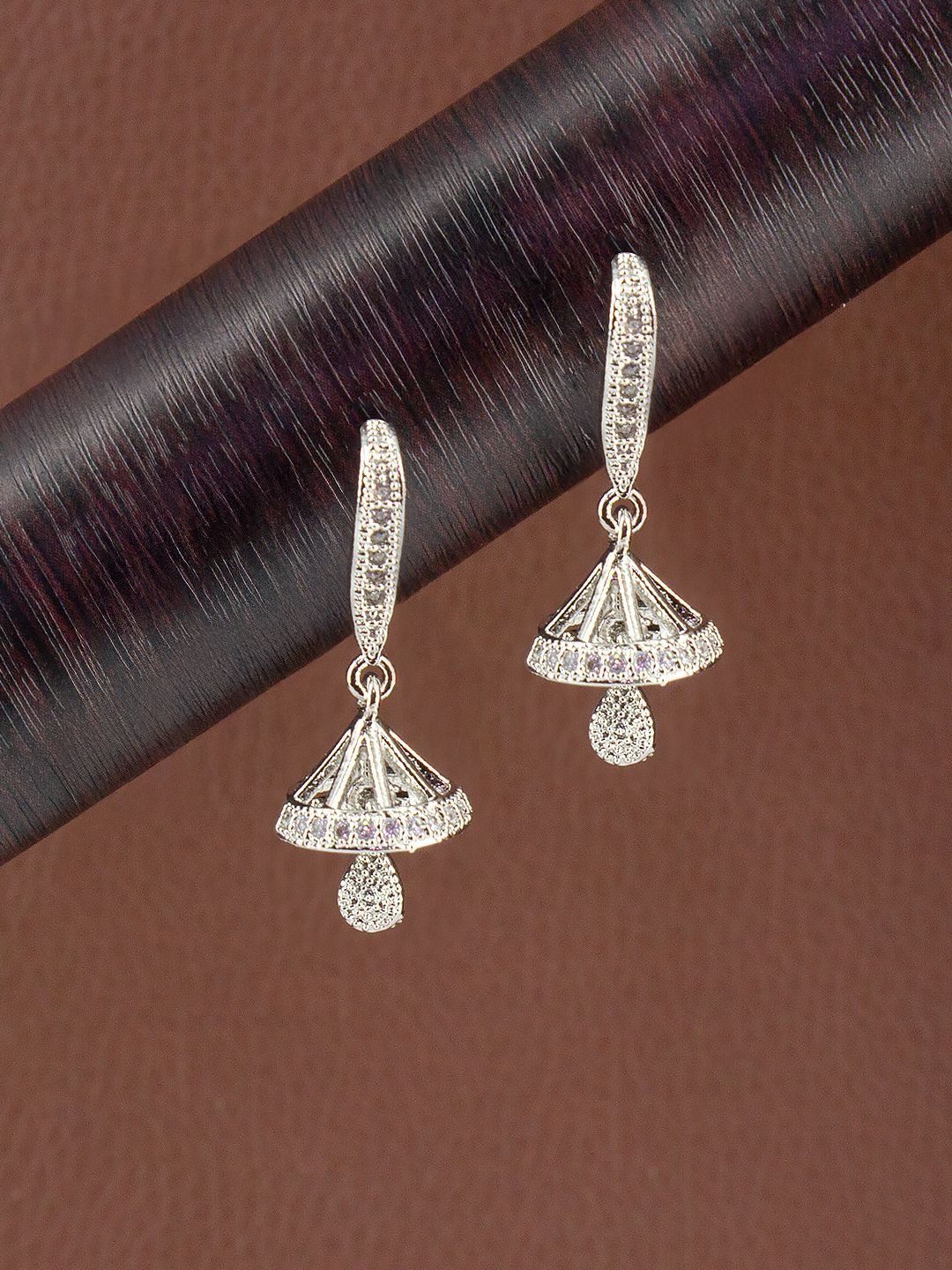 PRIVIU Silver-Plated American Diamond Studded Dome Shaped Jhumkas