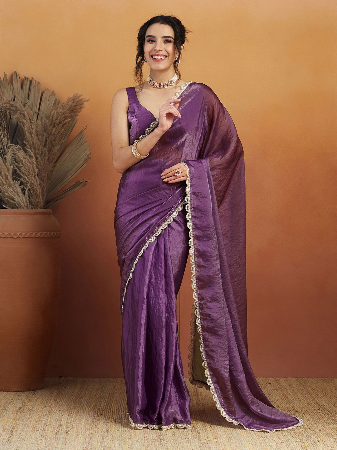 Handwork Lace Lavender Glass Tissue Saree