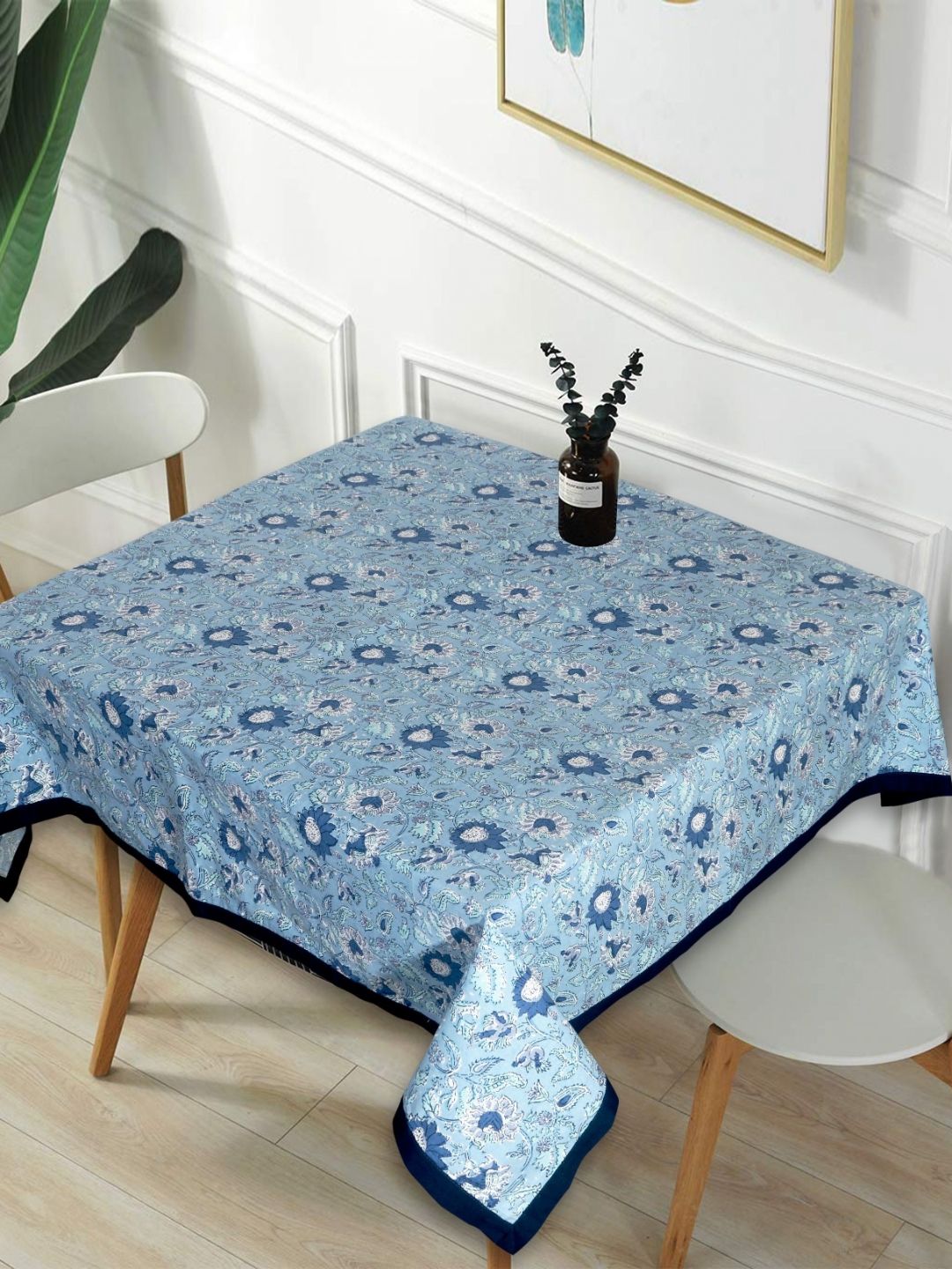 Texstylers Blue Floral Anti-Slip Cotton 2-Seater Table Cover
