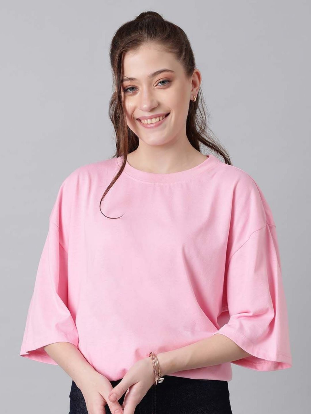 Pink Relaxed Fit Solid Cotton T-shirt with Round Neck
