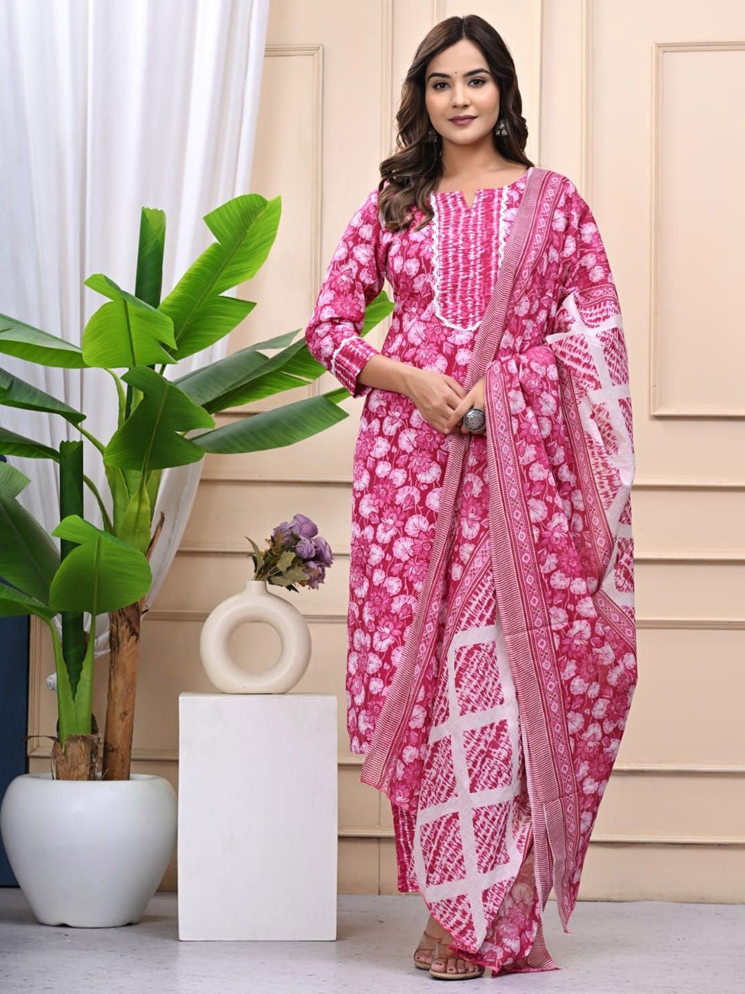 Shivaradhya Designers Women Floral Printed Thread Work Pure Cotton Kurta Set With Dupatta