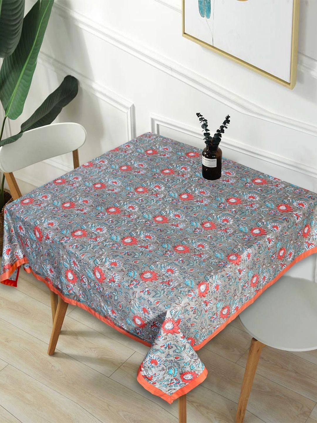 Texstylers Red Floral Anti-Slip Cotton 2-Seater Table Cover